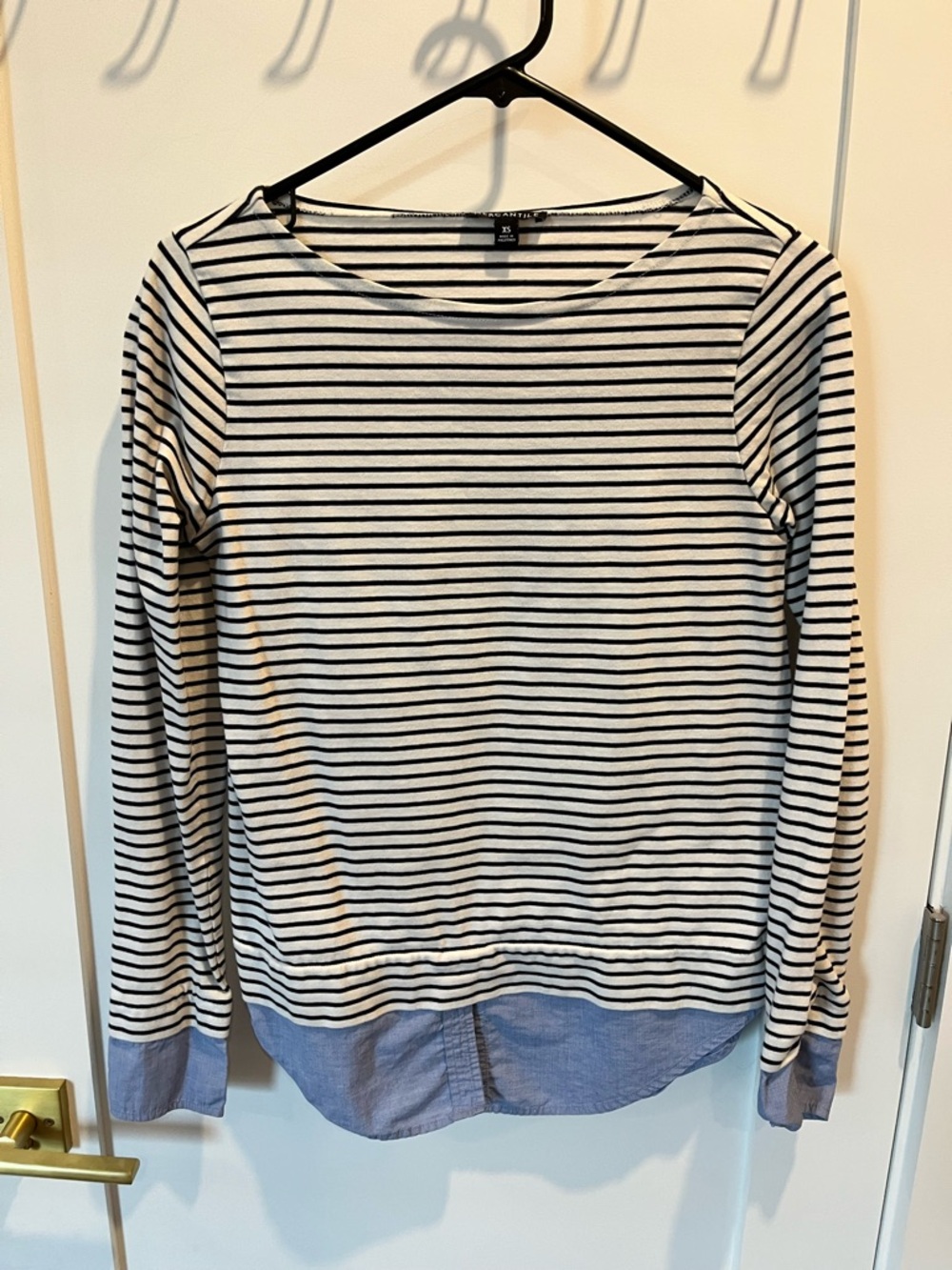 J. Crew Black and White Striped Long Sleeve Top with Blue Shirttail Hem
